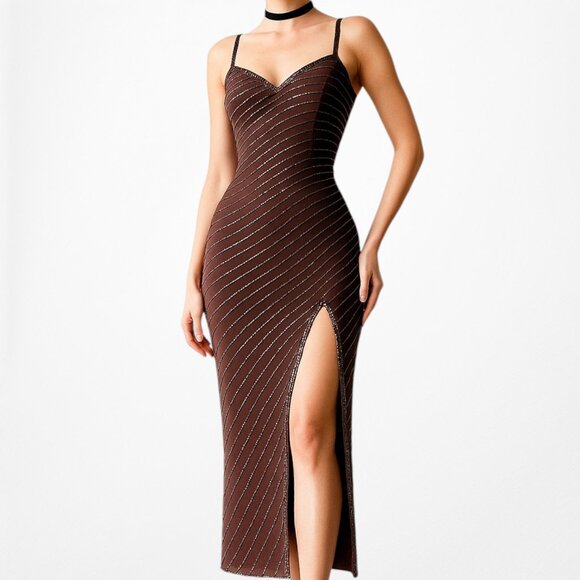 Vintage Y2K Brown Beaded Silk Knee Length Side Slit Bodycon Dress Size XS - Picture 1 of 7